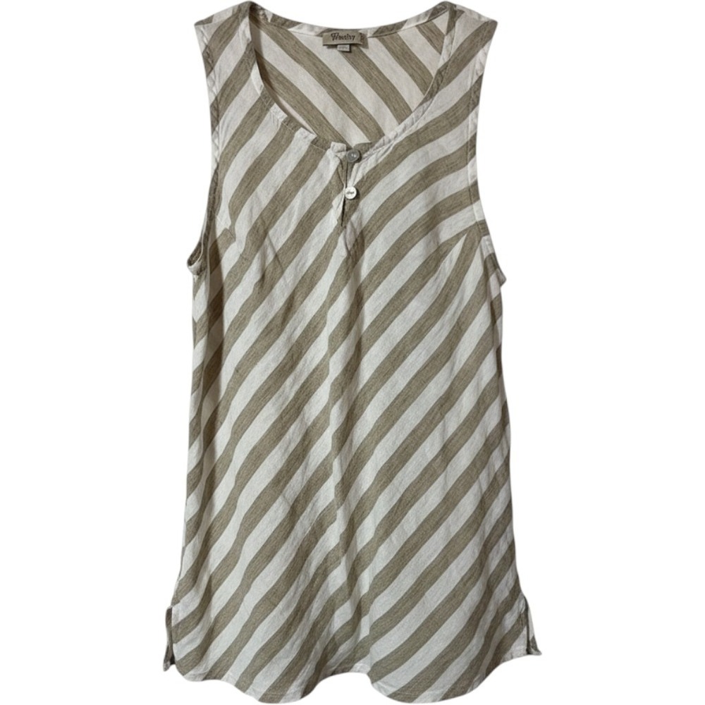 Vanity Tank Top XL Made in Italy Diagonal Stripe Tan White Linen‎ Sleeveless